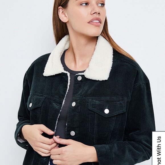 PacSun Oversized Corduroy Sherpa Trucker Jacket Olive XS/S - Picture 2 of 7